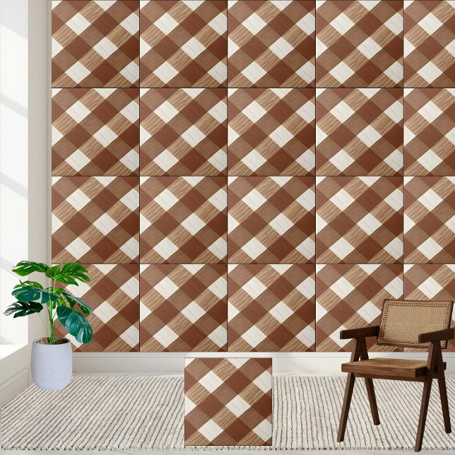 Snyggt Brunt och vitt styrt plattstål för träkorn Kakelplatta (Stylish Brown and White Checkered Wood Grain Tile)