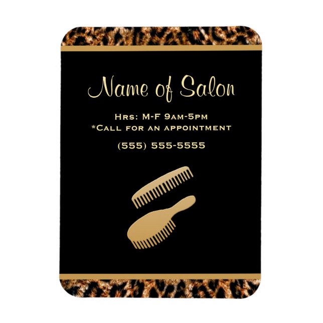 Snyggt Brush Black och Guld Leopard Hair Salon Magnet (Vertikal)