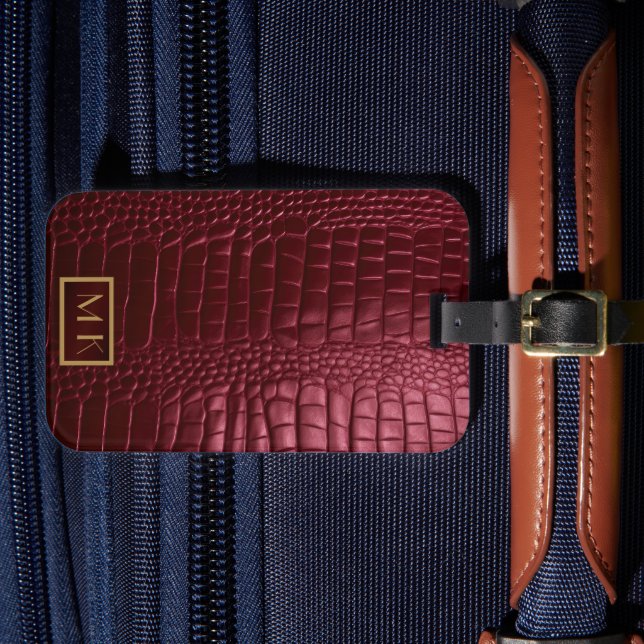 Snyggt Burgundy Crokodile Mönster Monogrammed Bagagebricka (Framsida Insitu 4)