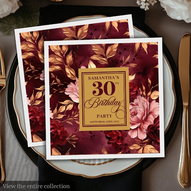 Snyggt  Burgundy Guld 30års födelsedag Napkins Pappersservett (Stylish Blush Burgundy Gold 30th Birthday Napkins )