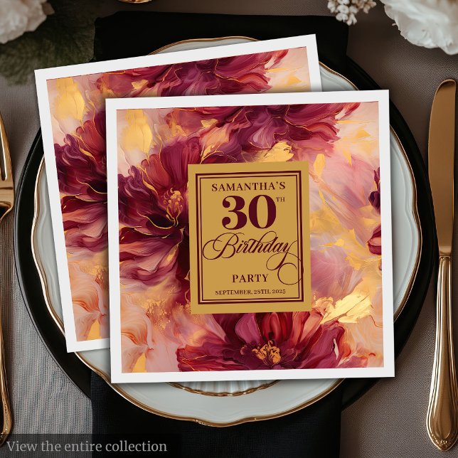 Snyggt Burgundy  Guld 30års födelsedag Party Pappersservett (Stylish Burgundy Blush Gold 30th Birthday Party Napkins)
