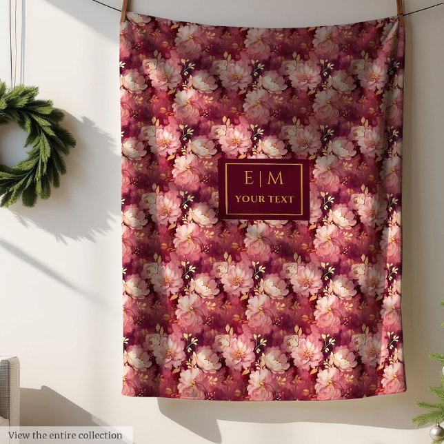 Snyggt  Burgundy Guld Anpassningsbar Boho Blommigt Fleecefilt (Stylish Blush Burgundy Gold Custom Boho Floral Fleece Blanket)