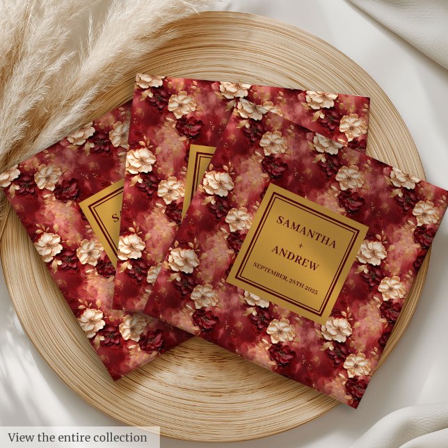 Snyggt Burgundy Guld Bröllop Napkins med Blommigta Pappersservett (Stylish Burgundy Gold Wedding Napkins with Florals)