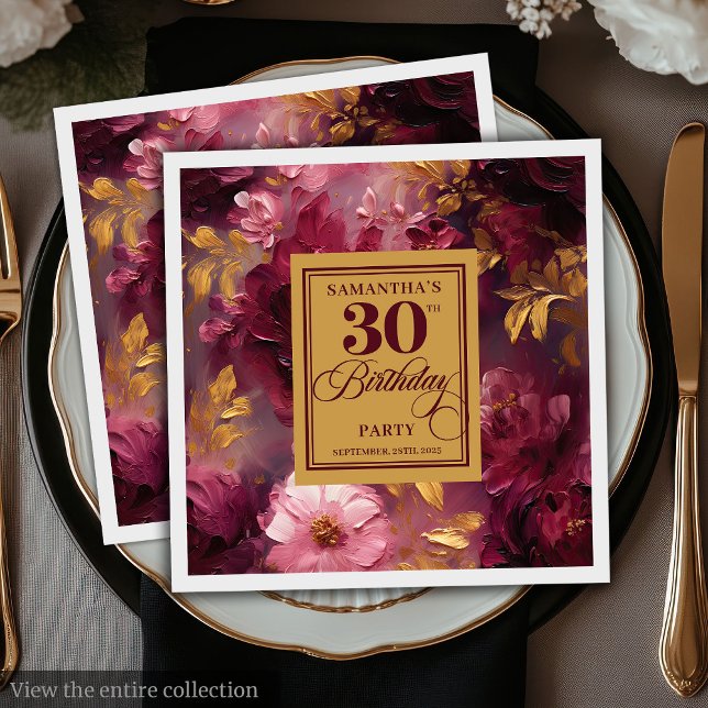 Snyggt Burgundy  Guld vattenfärg 30:e arbetsdagen Pappersservett (Stylish Burgundy Blush Gold Watercolor 30th Bday Napkins)