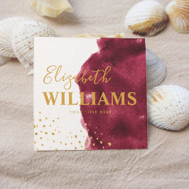 Snyggt Burgundy Watercolor Brushstroke och Guld Fyrkantigt Visitkort