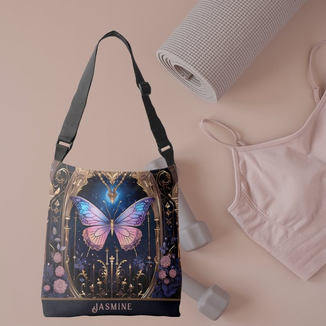 Snyggt Butterfly från Ornate Rosa Blue Guld Axelväska (Butterfly Lover Pink Blue Gold Stylish Crossbody Tote Bag)