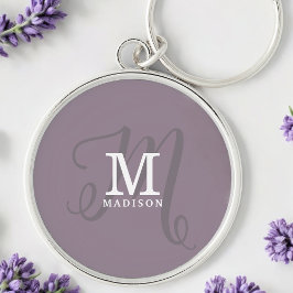 Snyggt Calligraphy Monogram och Namn Lila Rund Silverfärgad Nyckelring