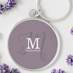 Snyggt Calligraphy Monogram och Namn Lila Rund Silverfärgad Nyckelring
