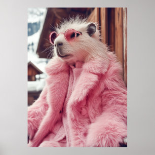 Snyggt Capybara i Rosa Päls Jackar och solglasögon Poster