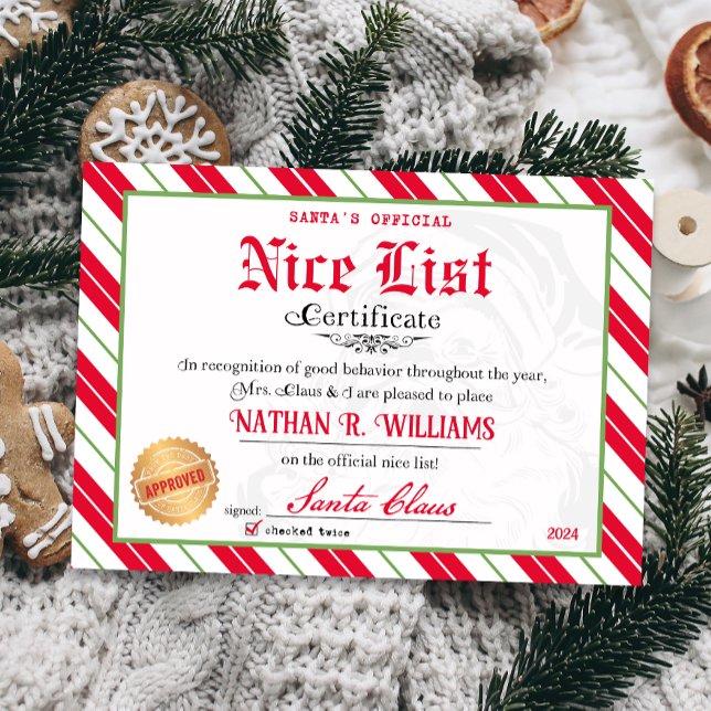 Snyggt certifikat från tomten godkänt två gånger inbjudningar (Official Nice List Certificate Santa Claus North Pole letter instant download printable)