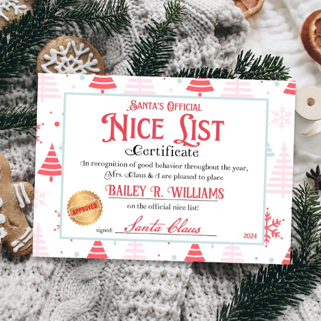 Snyggt certifikat från tomten godkänt två gånger inbjudningar (Official Nice List Certificate Santa Claus North Pole letter instant download printable)