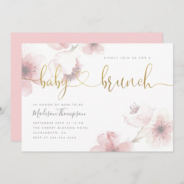 Snyggt Cherry Blommar Guld Baby Brunch Shower Inbjudningar (Fram/baksida)
