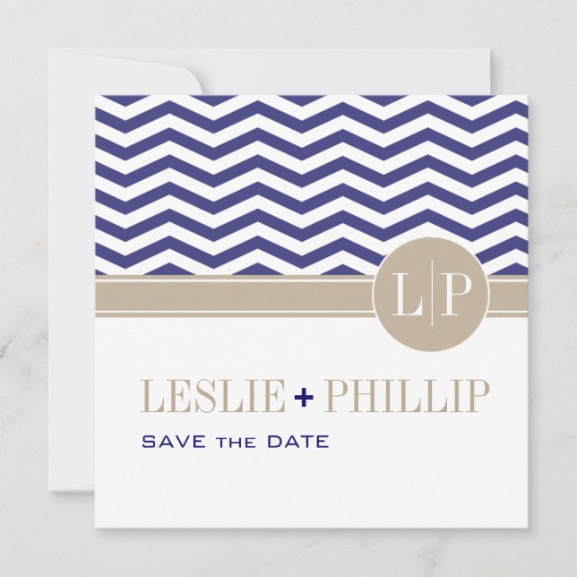 Snyggt Chevron-monogram "Save the Date" | marinblå Spara Datumet (Framsida)