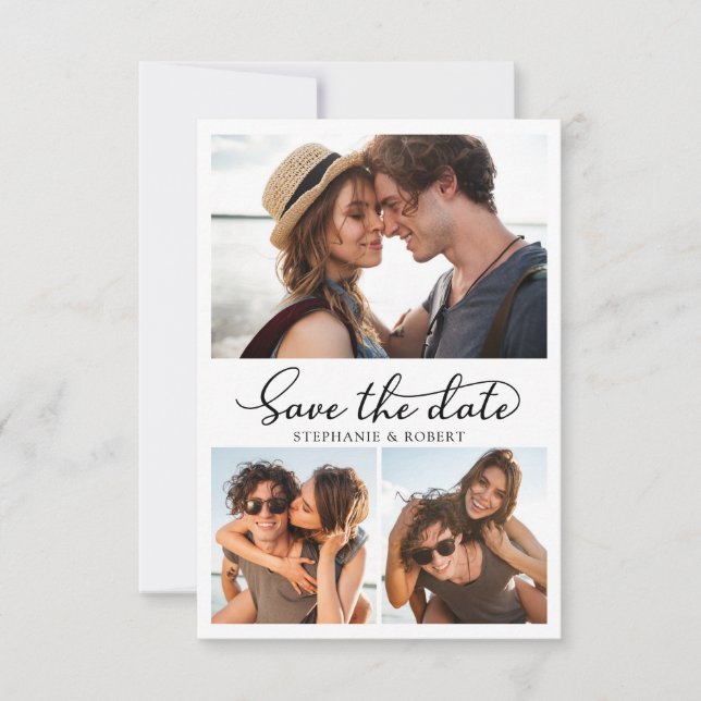 Snyggt Chic Calligraphy 3 Photo Collage Bröllop Spara Datumet (Framsida)