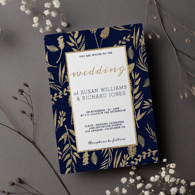 Snyggt chic: lyxen Bröllop vid blommigten guld Inbjudningar (Stylish chic navy blue gold floral luxury Wedding )