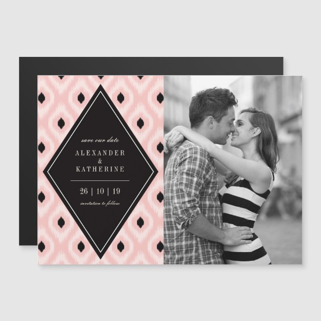 Snyggt Chic Mod Diamond Ikat Photo Save Date Magnetisk Inbjudningskort (Fram/baksida)