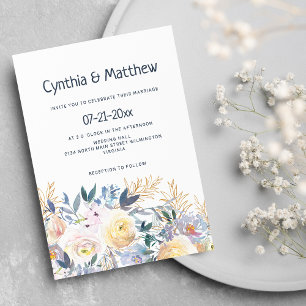 Snyggt chic navy blue ivory guld blommigt bröllop inbjudningar