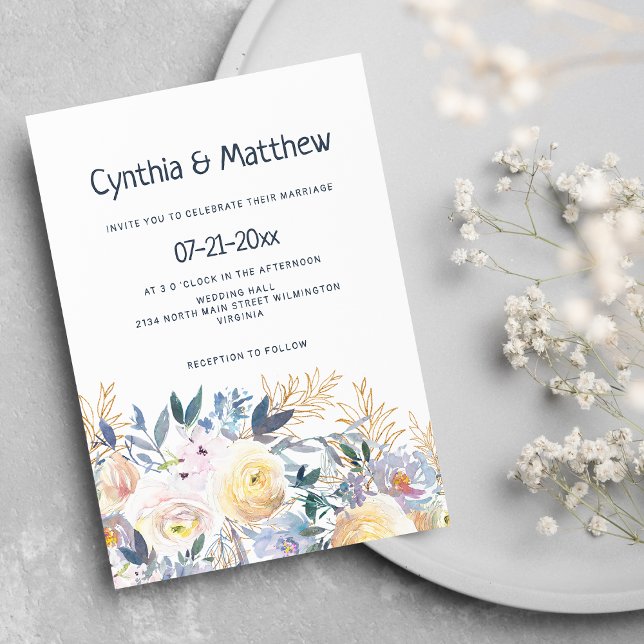 Snyggt chic navy blue ivory guld blommigt bröllop  inbjudningar (Stylish chic navy blue ivory gold floral wedding)