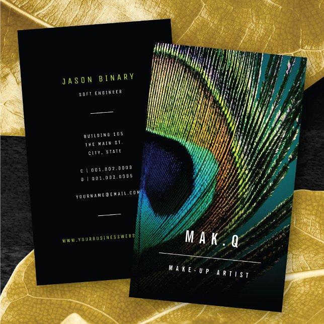 Snyggt Chic Peacock Feather Photo Makup Artist Visitkort (Stylish Chic Peacock Feather Photo Elegant Make-up Artist Business Card @ zazzle.com/color_therapy)