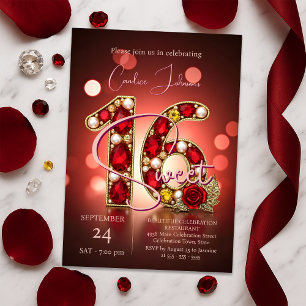 Snyggt Chic Röd ros Guld Ruby Gemstone Sweet 16 Inbjudningar