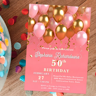 Snyggt Chic Rosa och Guld ballonger 50:e födelseda Inbjudningar