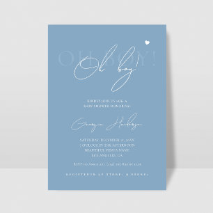 Snyggt Chic Script Oh Boy Heart Blue Baby Shower Inbjudningar