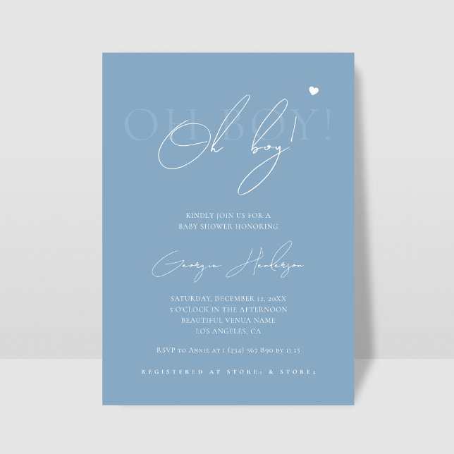Snyggt Chic Script Oh Boy Heart Blue Baby Shower Inbjudningar (Skapare uppladdad)