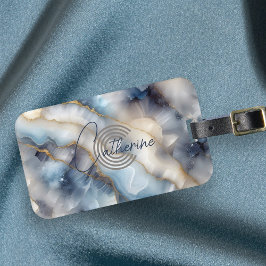 Snyggt Chic Swirled Blue och Guld Marble Agate Bagagebricka
