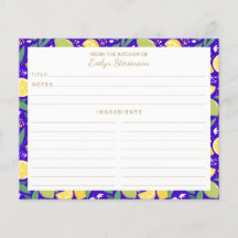 Snyggt Citrus Lemon Botanical Blue Recipe Card
