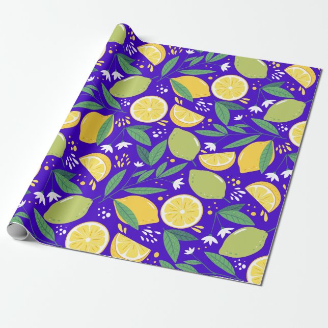 Snyggt Citrus Lemon Botanical Mönster in Blue Presentpapper (Utrullad)