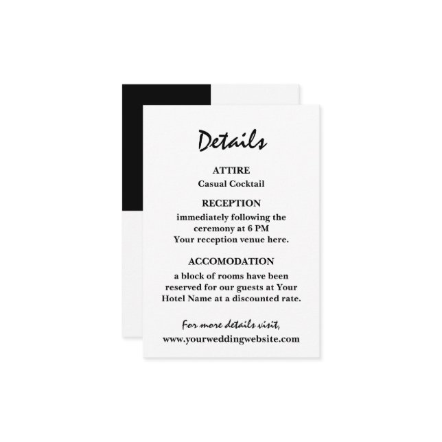 Snyggt Contemporary Black & White Bröllop Tilläggskort (Fram/Back In Situ)