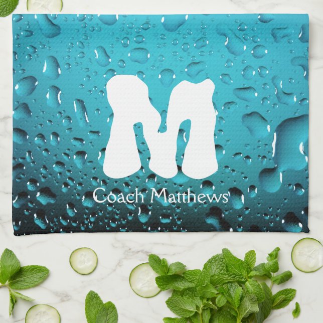 Snyggt Coola Blue vatten droppar Monogram Kökshandduk (Vikta)