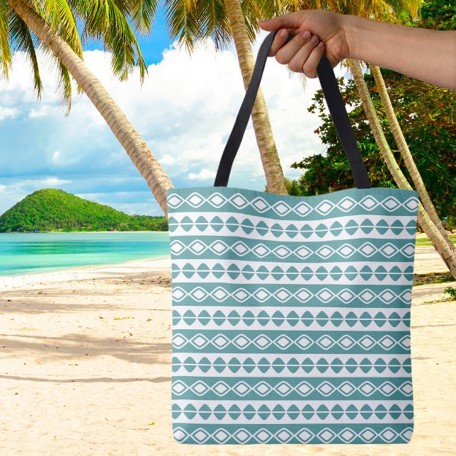 Snyggt Cute Vintage Geometric Mönster Teal White Tygkasse (Stylish Cute Vintage Geometric Pattern Teal White Canvas Reusable Vacation Beach Tote Bag)