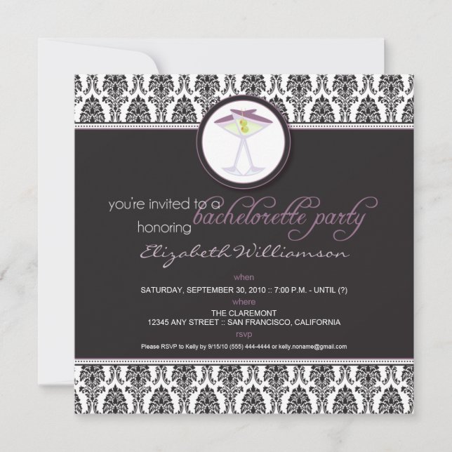 Snyggt Damask Bachelorette Inbjudan (lila) (Framsida)