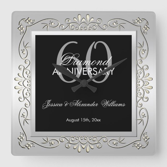 Snyggt Decorative Silver 60-årsdagen för Bröllop Fyrkantig Klocka (Framsida)