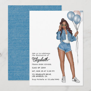Snyggt Denim Girl with Balloons Studentfest Inbjudningar