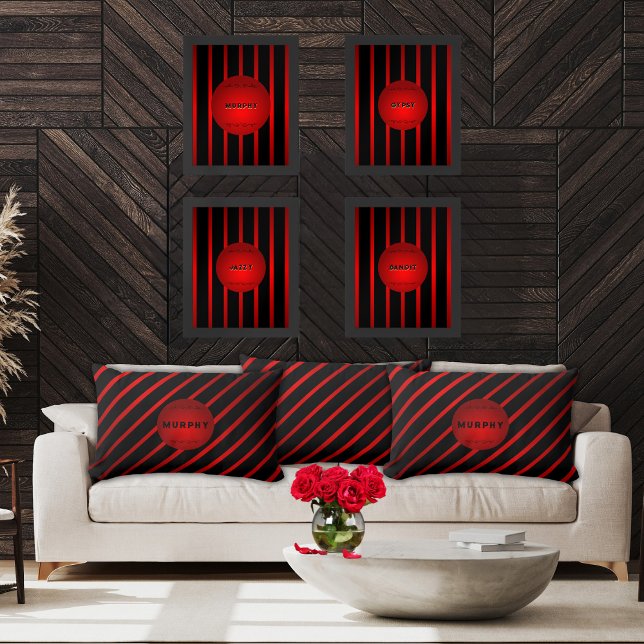 Snyggt Diagonal Black Red Rand Monogram Namn Lumbarkudde (Vivid and modern, black and crimson diagonally striped personalized 13x21" lumbar pillows)