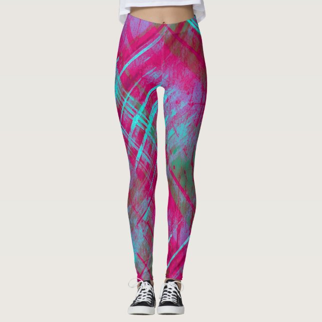 Snyggt Distress Pput Check Rosa Lila Aqua Leggings (Framsida)