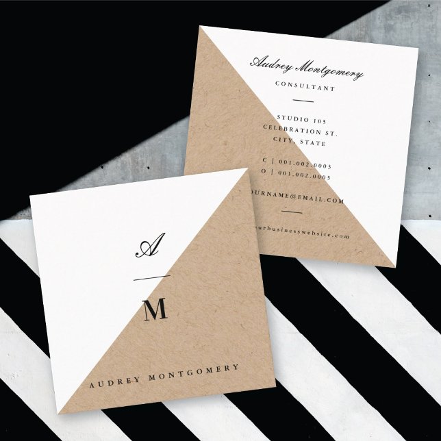 Snyggt Dubbla Monogram Kraft Modern Minimalist Fyrkantigt Visitkort (Stylish Double Monogram Kraft Modern Minimalist Square Business Card / Profile Card @ fat_fa_tin)