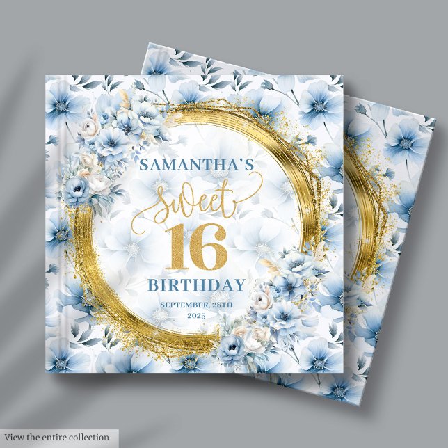 Snyggt Dusty Blue Blommigt Guld Sweet 16 Guest Bok (Stylish Dusty Blue Floral Gold Sweet 16 Guest Book)
