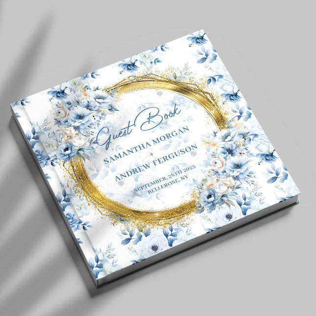 Snyggt Dusty Blue Guld Glitter Bröllop Guest Bok (Stylish Dusty Blue Gold Glitter Wedding Guest Book)