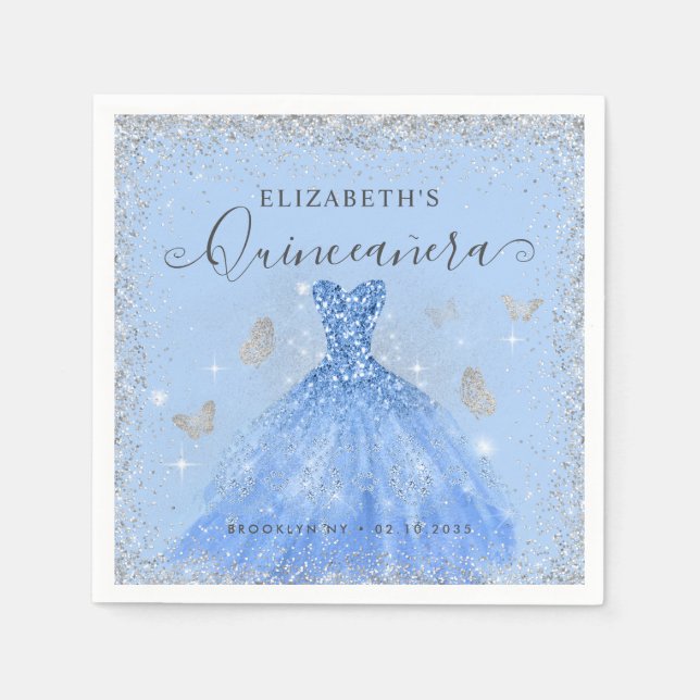 Snyggt Dusty Blue Silver Glitter Gown Quinceañera Pappersservett (Framsidan)