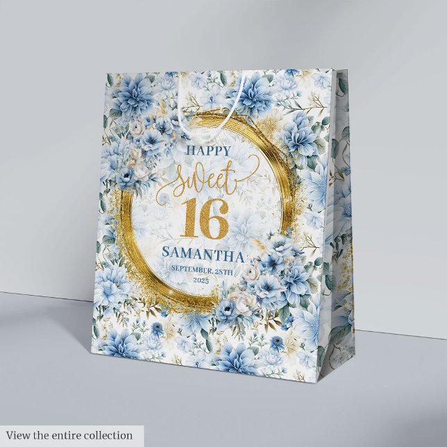 Snyggt Dusty Blue Sweet 16 Guld Glitter Gift Bags (Stylish Dusty Blue Sweet 16 Gold Glitter Gift Bags)