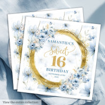 Snyggt Dusty Blue Sweet 16 Guld Glitter Napkin