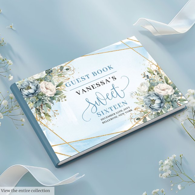 Snyggt Dusty Blue White Blommigt Sweet sixteen 16 Gästböcker (Stylish Dusty Blue White Floral Sweet Sixteen Guest Book)
