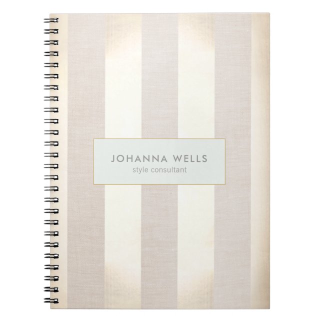 Snyggt Elegant Beige Linen och Guld Stripe Anteckningsbok Med Spiral (Framsidan)