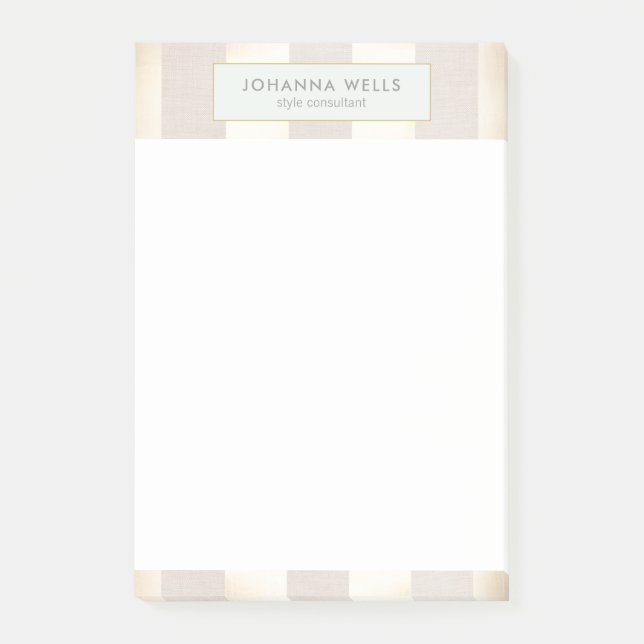 Snyggt Elegant Beige Linen och Guld Stripe Post-it Block (Framsida)