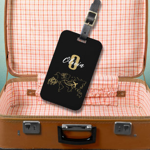 Snyggt Elegant Black Guld World Map & Airplane Bagagebricka