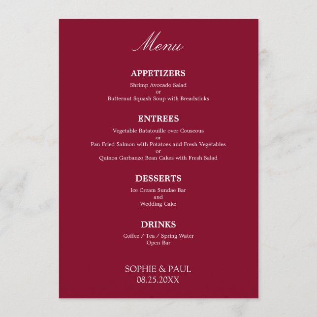 Snyggt Elegant Burgundy Bröllop Menu Meny (Framsida)