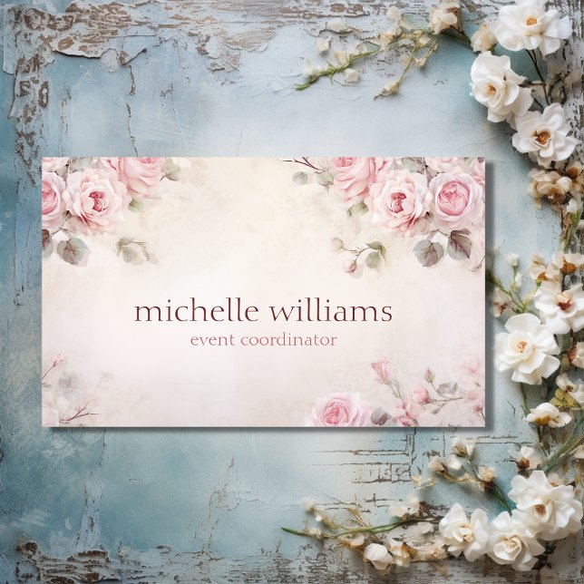 Snyggt Elegant Chic Rosa Flowers Blommigt Visitkort (Front - Stylish Elegant Shabby Chic Pink Flowers Floral Business Card)